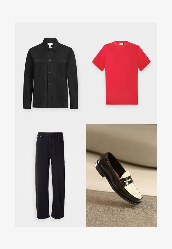 Sort langærmet skjorte med knapper og krave samt en vandret søm hen over brystet, vist på en ensartet lys baggrund.; Rød crew neck t-shirt lavet af bomuld. Korte ærmer, ensfarvet med diskret branding i midten. Blød tekstur og klassisk pasform.; Sorte denimjeans med løs pasform, der har høj talje, fem lommer og metalknapper. Stoffet har en mat tekstur.; Sort læderloafer med en cremefarvet vamp og sorte accentstriber, som har en lav hæl og detaljeret syning langs kanterne.