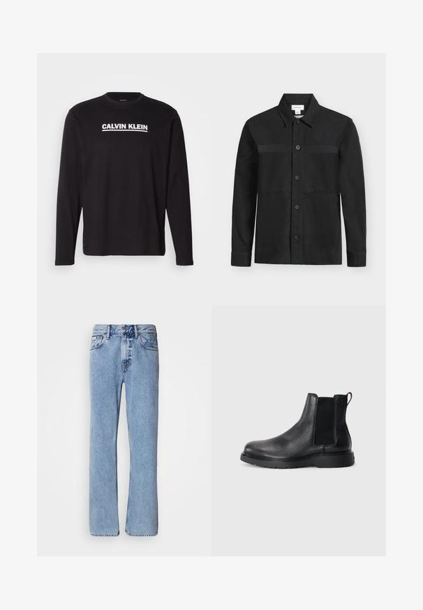 Sort langærmet skjorte med knapper og krave samt en vandret søm hen over brystet, vist på en ensartet lys baggrund.; Sort langærmet skjorte lavet af bomuld, med en hvid "CALVIN KLEIN" logo tværs over brystet. Rund halsudskæring og tætsiddende ærmer.; Lyseblå denimjeans med lige ben design, fem lommer og knaplukning. Syninger nær lommer og talje.; Sorte læder chelsea støvler med tekstureret finish, elastiske sidepaneler og en robust gummisål. Subtil branding på hælen.