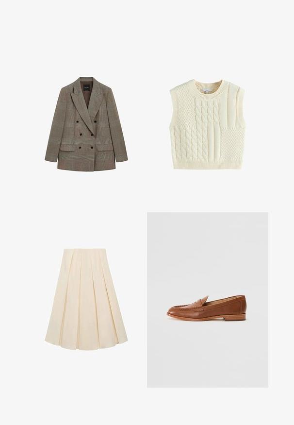 Dobbeltradet blazer i brun uldblanding med ternet mønster. Har hakket revers, to forlommer og sorte knapper. Boxy silhuet.; Kremfarvet strikket ærmeløs sweatervest med blandede flet- og strukturerede mønstre, ribbet halsudskæring og kant.; Plisseret nederdel i cremefarvet stof; har en blød tekstur, mellemlang design og symmetriske plisseringer, der strækker sig fra taljen til kanten.; Lauren Ralph Lauren WYNNIE - Loafers - deep saddle tan
