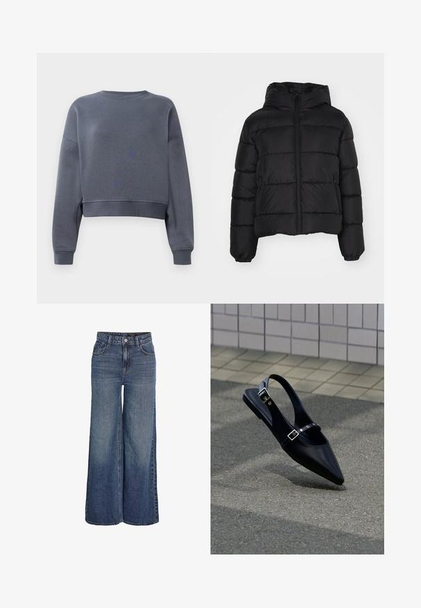 Chaqueta de abrigo negra con capucha, con cierre frontal de cremallera, puños elásticos y diseño acolchado. Fabricada con un material suave y resistente al agua.; Sudadera gris cortada hecha de una tela suave, con un cuello redondo, puños acanalados y un ligero patrón de textura en la parte delantera.; Vaqueros azules de cintura alta y pierna ancha con botones delanteros, cremallera, trabillas para cinturón y bolsillos frontales, mostrados sobre fondo blanco.; Zapato plano negro de punta puntiaguda con tiras de doble hebilla y talón descubierto, descansando sobre asfalto gris cerca de una pared con azulejos.