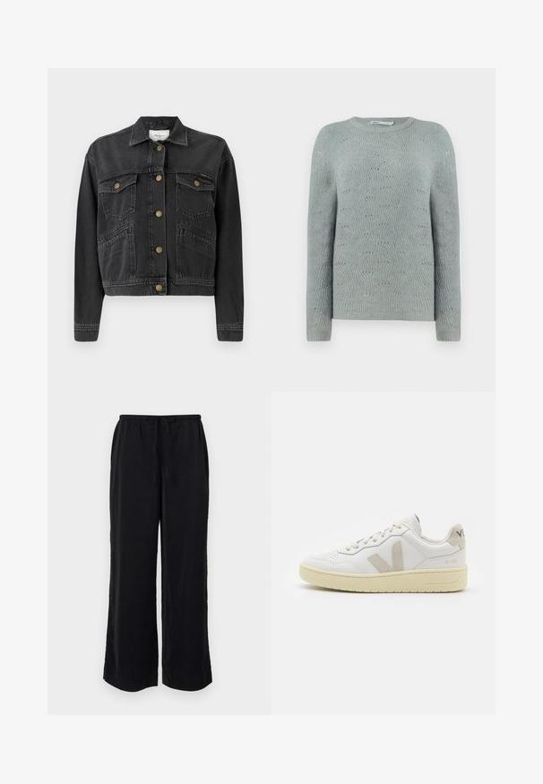 Pepe Jeans RELAXED JACKET - Denimová bunda - denim; Svetlomodrý pletený sveter s okrúhlym výstrihom, dlhými rukávmi a textúrovaným vzorom vlny po celej tkanine.; Čierne nohavice s širokými nohavicami, s nastaviteľným opaskom a bočnými vreckami. Vyrobené z ľahkej textílie s hladkou štruktúrou. Bez viditeľných vzorov.; Biele kožené tenisky s béžovými semišovými akcentmi, perforovanou špičkou, plochými šnúrkami a textúrovanou krémovou podrážkou. Obsahujú jemné označenie na päte.
