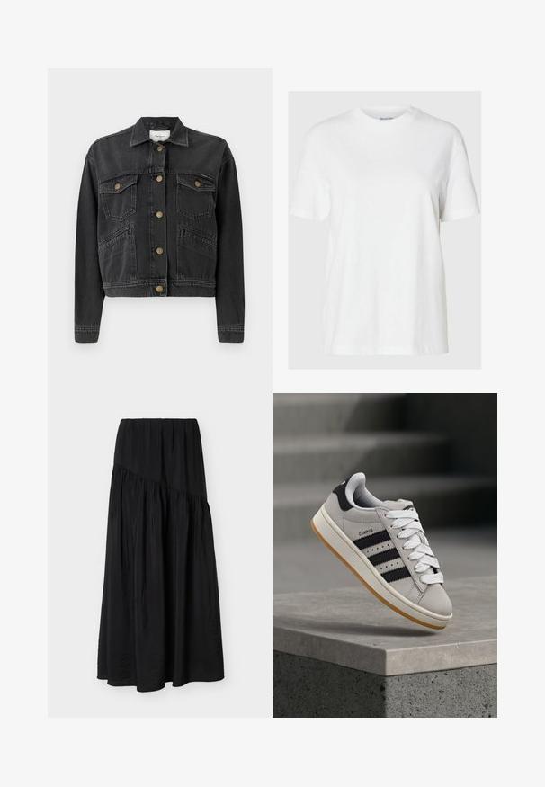 Pepe Jeans RELAXED JACKET - Veste en jean - denim; T-shirt en coton blanc avec des manches courtes et un col rond. Présente une coupe décontractée et un design minimal sans motifs ni accents.; Jupe noire longueur cheville avec tissu plissé et détail de couture diagonale à l'avant.; Baskets Adidas Campus grises avec des rayures noires et des lacets blancs flottant au-dessus d'un rebord en béton avec des escaliers en arrière-plan.