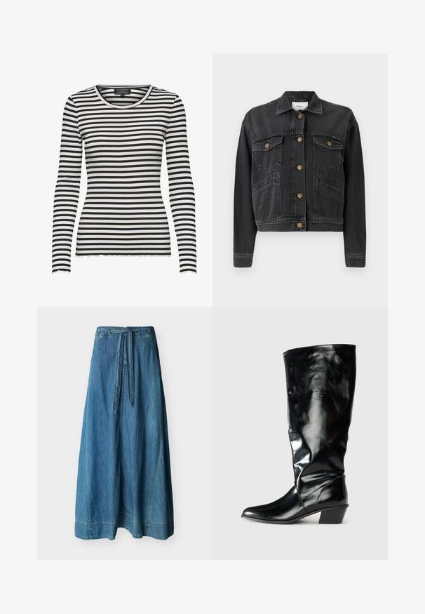 Pepe Jeans RELAXED JACKET - Farkkutakki - denim; Mustavalkoinen vaakasuora raidallinen pitkähihainen resori-paita pyöreällä kaula-aukolla ja aaltoilevilla reunoilla hihansuissa ja helmassa.; Pitkä sininen farkkuhame korkean vyötärön ja kiinnitetyn vyön kanssa roikkuen suoraan valkoista taustaa vasten.; Musta polvipituiset saappaat, jotka on valmistettu kiiltävästä nahasta, sisältäen terävän kärjen ja matalan lohkoheelin, joissa on tyylikäs ja istuva muotoilu.