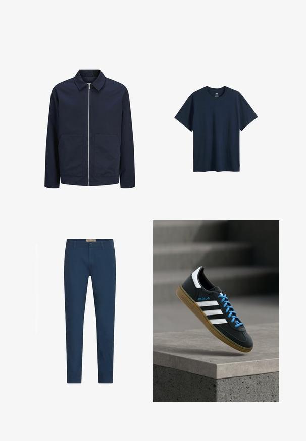 Marineblaue Jacke mit durchgehendem Reißverschluss, Kragen und zwei Fronttaschen. Aus glattem Stoff gefertigt, zeichnet sie sich durch eine lockere Passform und ein minimalistisches Design aus.; Marineblaues T-Shirt aus Baumwolle mit kurzen Ärmeln, Rundhalsausschnitt und lockerer Passform. Ohne Muster oder Akzente. Einfaches, schlichtes Design.; Marineblaue Slim-Fit-Hosen für Herren mit Gürtelschlaufen, Frontknopfverschluss und Seitentaschen, vor einem weißen Hintergrund präsentiert.; Schwarzer Adidas-Sneaker mit weißen Streifen, blauen Schnürsenkeln und Gummisohle, der über einer grauen Betontreppe im weichen Licht schwebt.
