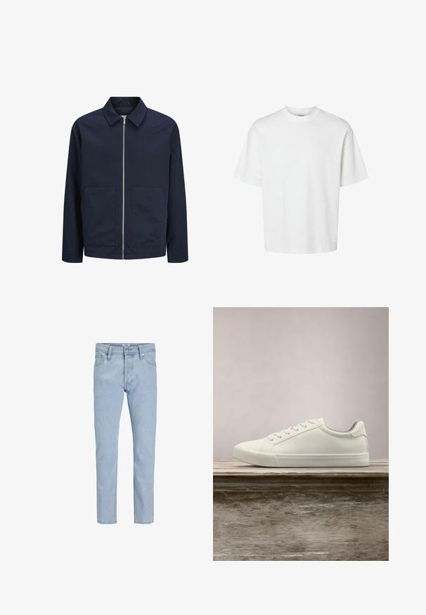 Veste bleu marine avec fermeture éclair frontale, col à revers, manches longues et deux grandes poches avant sur fond uni.; T-shirt blanc uni à manches courtes, col rond et coupe décontractée, présenté sur un fond blanc.; Jean en denim bleu clair avec une coupe droite, présentant un design classique à cinq poches et un léger délavage pour une texture.; Sneaker en dentelle blanche flottant au-dessus d'un banc en bois avec un feuillage vert en arrière-plan, mettant en valeur le design et la texture de la chaussure.