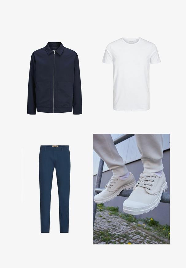 Veste bleu marine avec fermeture éclair à l'avant, col et deux poches avant. Fabriquée en tissu lisse, elle présente une coupe décontractée et un design minimaliste.; T-shirt à col rond à manches courtes de couleur blanche unie, fabriqué en coton doux, avec un design simple sans motifs ni accents visibles.; Pantalons pour hommes coupe slim bleu marine avec passants de ceinture, fermeture à bouton devant et poches latérales, présentés sur un fond blanc.; Des chaussures en toile beige avec des semelles en caoutchouc texturé, dotées de lacets ronds, d'un bout renforcé et d'une silhouette élégante. Positionnées sur un garde-corps en métal.