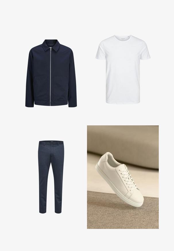 Marineblauwe jas met een ritssluiting aan de voorkant, kraag en twee voorzakken. Gemaakt van gladde stof, heeft het een ontspannen pasvorm en een minimalistisch ontwerp.; Ronde hals kortemouwen t-shirt in effen wit, gemaakt van zachte katoen, heeft een eenvoudig ontwerp zonder zichtbare patronen of accenten.; Marineblauwe broek van textuurstof met een slim fit, voorzien van een knoopsluiting en ceintuurlussen, geschikt voor zowel casual als formele gelegenheden.; Witte leren sneaker met witte veters, weergegeven op een beige textuurovervlak en een zacht vervaagd achtergrond.