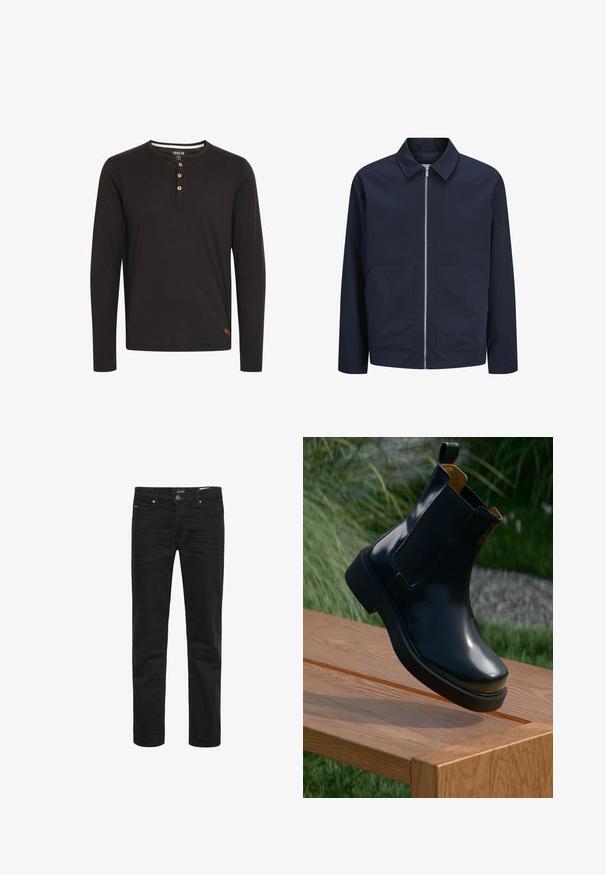Chaqueta azul marino con cremallera frontal, cuello y dos bolsillos delanteros. Hecha de una tela suave, presenta un ajuste relajado y un diseño minimalista.; Camisa de manga larga negra hecha de una tela suave, con un cuello redondo, tapeta de botones con botones de madera y una pequeña etiqueta de logo en el dobladillo.; Vaqueros negros de corte slim con bolsillos delanteros, cierre de botón y trabillas para cinturón, mostrados sobre fondo blanco.; Botín chelsea de cuero negro con acabado suave, paneles laterales elásticos, punta redondeada y suela de goma gruesa, posicionado sobre una superficie de madera.