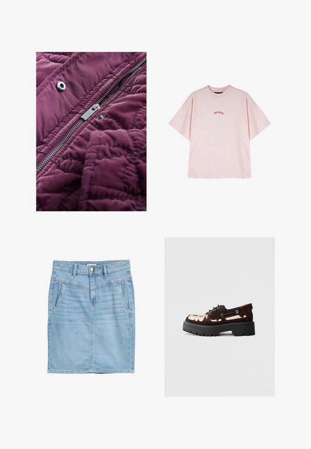 Gewatteerde paarse stof met een gladde textuur, voorzien van een zilverkleurige rits en drukknopsluiting, met de nadruk op de gedetailleerde stiksels.; Roze katoenen t-shirt met korte mouwen, voorzien van een gebogen rode geborduurde "PEGADOR" logo op de voorkant. Relaxte pasvorm en zachte textuur.; Lichtblauwe denimrok met een recht ontwerp, voorkruiszakken, zichtbare stiksels en een knoopsluiting. Zachte textuur en klassieke snit.; Bruine suède schoenen met een contrasterende witte en bruine gestreepte stof, ronde neus, dikke zwarte plateausole, en metalen veteroogjes.