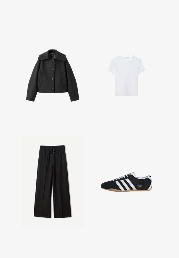 Sort kort jakke med bred krave, knaplukning og to forlommer. Fremstillet af et struktureret stof med en markant form.; Hvid kortærmet t-shirt lavet af blødt stof. Har en rund halsudskæring og et simpelt, rent design med en lige underkant.; Sorte bukser med bred benvidde lavet af blødt stof. Har en elastisk talje med snøre og to sidelommer. Flad front med plisseringer.; Sort ruskinds sneaker med hvide tre striber, guldlogo og en brun gummisål. Har et lavprofil snørebåndsdesign.
