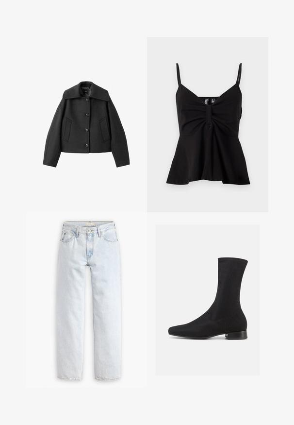 Zwarte cropped jas met een brede kraag, knoopsluiting en twee voorzakken. Gemaakt van een gestructureerde stof met een strak ontwerp.; Zwarte mouwloze top met een V-hals, geplooide voorkant en uitlopende zoom. Gemaakt van een soepele, rekbare stof met dunne verstelbare bandjes.; Lichtblauwe, rechte spijkerbroek met hoge taille, met vijf zakken, een sluiting met knoop aan de voorkant en zichtbare stikseldetails.; Zwarte enkellaars met een glad, rekbaar stoffen bovenwerk en een lage gestapelde hak. Heeft een puntige neus en een naadloos ontwerp.