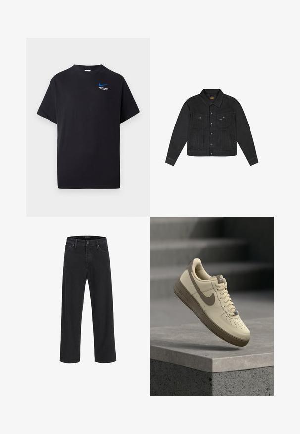 Chaqueta de denim negra con cierre de botones en el frente, dos bolsillos en el pecho con solapas y botones, bolsillos laterales y cuello, con una pequeña etiqueta amarilla de Lee.; Camiseta negra de manga corta con pequeño swoosh azul de Nike y texto blanco "DEPARTAMENTO ATLETICO SOLO HAZLO." en la parte superior izquierda del pecho.; Jeans de mezclilla negros de pierna recta con cierre de botón y cremallera, trabillas para cinturón y bolsillos delanteros y traseros.; Zapatilla Nike Air Force 1 en beige y marrón con cordones, flotando sobre una superficie de hormigón y escaleras al fondo.