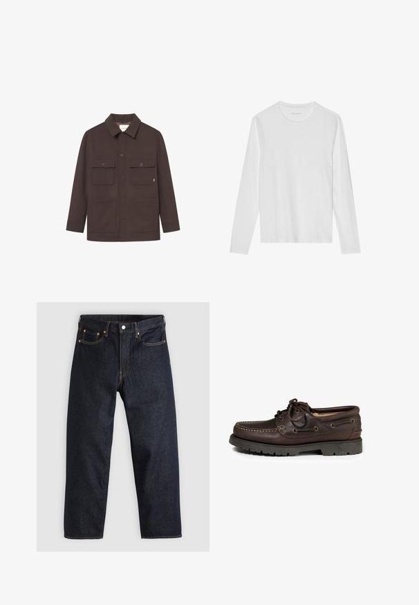 Brun uldblandingsjakke med krave, frontknaplukning, to brystlommer og to sidelommer. Glat tekstur med et struktureret design.; Langærmet hvid T-shirt lavet af blød bomuld, med rund halsudskæring og en glat tekstur uden synlige mønstre eller accenter.; Mørkeblå denimjeans med lige pasform, fem lommer, kontrasterende orange syning og knaplukning. Ingen synlige mønstre eller udsmykninger.; Brune læder bådsko med rund tå, stiksøm detaljer og metaløjer til snørebånd. Gummisål med mønster.