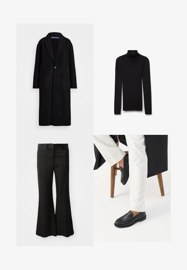 Polo Ralph Lauren DOUBLE FACED WOOL COAT - Klassisk frakke - black; Sort ribstrikket langærmet rullekravetrøje med tætsiddende pasform, foldet krave og lige kant på hvid baggrund.; Sorte flagrende bukser lavet af et glat materiale, med en mellemhøj talje og et rent, skræddersyet design uden synlige udsmykninger.; Person iført sorte læder loafers og hvide bukser, siddende på en træskammel mod en hvid baggrund.