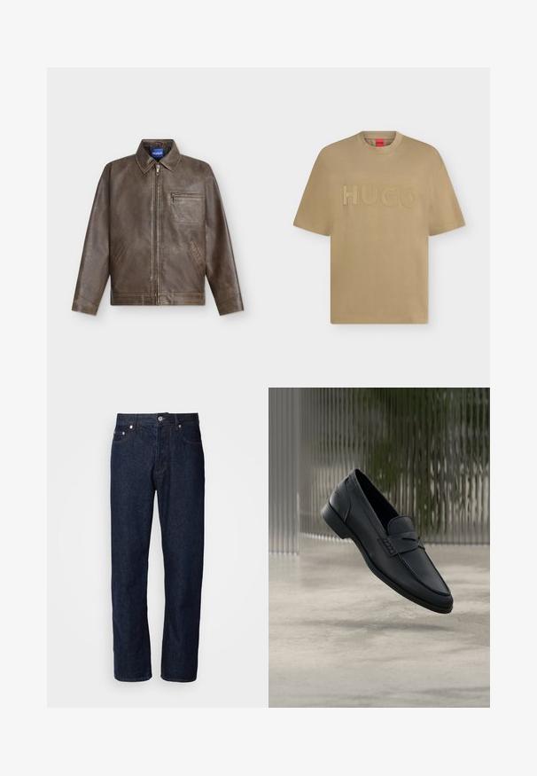 Brun læderjakke med krave, foran lynlås, to sidelommer og en lynlåslomme på brystet, mærket Hugo inde i kraven.; Beige T-shirt med korte ærmer, rund hals og præget "HUGO" logo centreret på brystet.; Mørkeblå denimjeans med lige ben, der har fem lommer, knaplukning og diskrete syninger.; Sort læderloafer med glat finish, spids tå og sømdetaljer over vristen. Lav hæl og minimalistisk design.