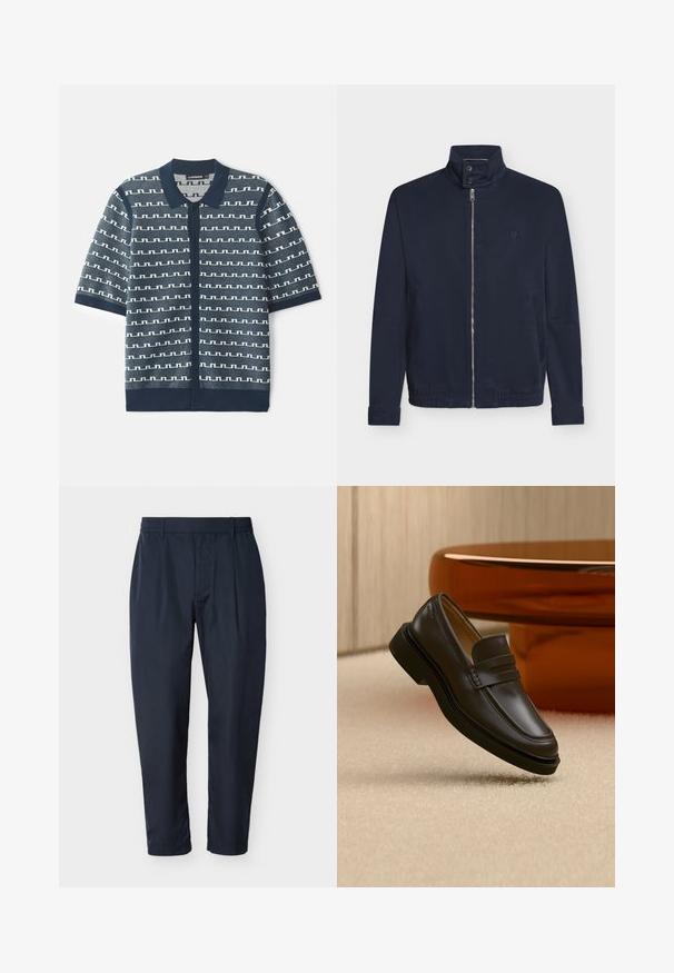 Dunkelblaue Jacke mit Frontreißverschluss, hohem Kragen mit zwei Knöpfen, langen Ärmeln, Seitentaschen und kleinem Logo auf der Brust.; Navy-blaues kurzärmliges Strick-Cardigan mit einem geometrischen weißen Muster, Knopfverschluss und klassischem Kragen. Strukturierter Stoff mit kontrastierenden Akzenten.; Marineblaue gerade geschnittene Hose mit Gürtelschlaufen und vorderen Falten, vor weißem Hintergrund präsentiert.; Schwarzer Lederloafer, der über einem beigen Teppich mit braunen, abgerundeten Möbeln im Hintergrund schwebt.