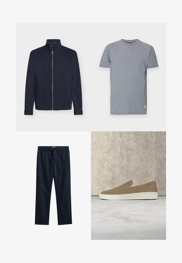 Veste bleu marine avec fermeture éclair devant, col montant à deux boutons, manches longues, poches latérales et petit logo sur la poitrine.; T-shirt à rayures bleu marine et blanches avec un col rond. Manches courtes et coupe régulière. Confectionné en tissu de coton doux.; Pantalon bleu marine à jambes droites avec taille élastique, cordon de serrage et poches latérales, fabriqué en tissu léger.; Chaussure beige sans lacets avec semelle blanche, présentée en suspension sur un tapis clair avec un mobilier transparent de couleur ambre en arrière-plan.