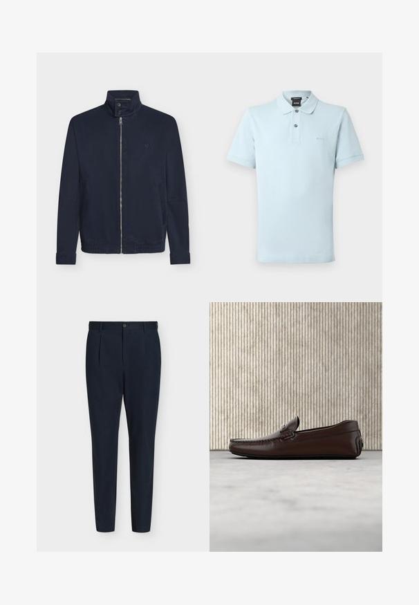 Veste bleu marine avec fermeture éclair devant, col montant à deux boutons, manches longues, poches latérales et petit logo sur la poitrine.; Polo bleu clair, manches courtes, col à revers, patte de boutonnage à trois boutons, petit logo brodé sur la poitrine, tissu en coton lisse.; Pantalon bleu marine sur mesure coupe slim avec plis à l’avant, fermeture par bouton, passants de ceinture et jambes fuselées sur fond blanc.; Mocassins en cuir marron avec une finition lisse, des coutures de style mocassin, un bout rehaussé et une semelle en caoutchouc basse et flexible.