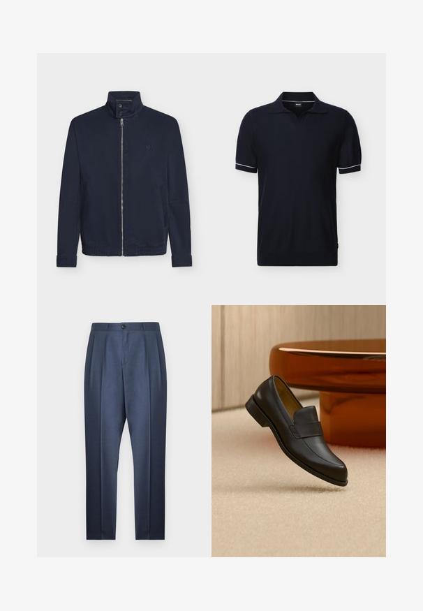 Veste bleu marine avec fermeture éclair devant, col montant à deux boutons, manches longues, poches latérales et petit logo sur la poitrine.; Polo noir à manches courtes avec bordure blanche sur les poignets et col ouvert, présenté sur un fond clair uni.; Pantalon de costume pour homme sur mesure bleu marine avec plis avant, taille boutonnée, et jambes fuselées étroites sur fond blanc.; Mocassin en cuir noir à talon bas flottant au-dessus d'un sol moquetté beige près d'une table ronde marron.