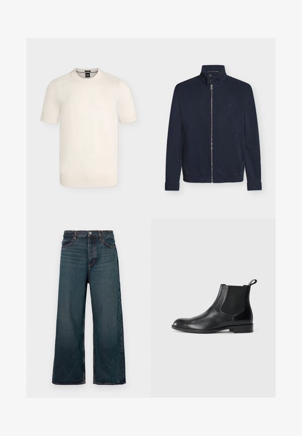 Veste bleu marine avec fermeture éclair devant, col montant à deux boutons, manches longues, poches latérales et petit logo sur la poitrine.; Pull en maille crème à manches courtes avec col rond et poignets et ourlet côtelés sur un fond uni.; Jean denim bleu foncé à jambe large avec fermeture à bouton avant, fermeture éclair et design à cinq poches, présenté sur un fond blanc.; Bottine en cuir noir avec des panneaux latéraux élastiques, bout rond et tirette. Texture lisse, semelle plate, design minimaliste.
