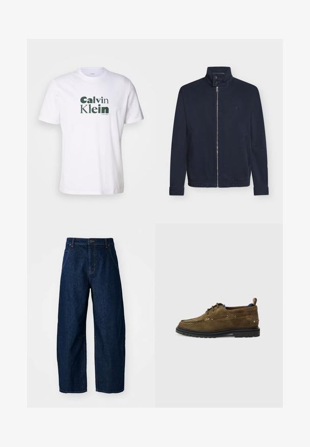Donkerblauw jack met ritssluiting aan de voorkant, hoge kraag met twee knopen, lange mouwen, zijzakken en een klein logo op de borst.; Witte katoenen T-shirt met een groen "Calvin Klein"-logo gedrukt op de voorkant. Korte mouwen, ronde hals en reguliere pasvorm.; Wijdvallende donkere spijkerbroek met een hoge taille, voorzien van vijf zakken, een sluiting met een knoop aan de voorkant en zichtbare stikseldetails.; Bruine suède bootschoenen met een gestructureerde afwerking, beige stiksels, metalen vetergaten en een zwarte rubberen zool. Ontwerp bevat een trek-lus aan de achterkant.