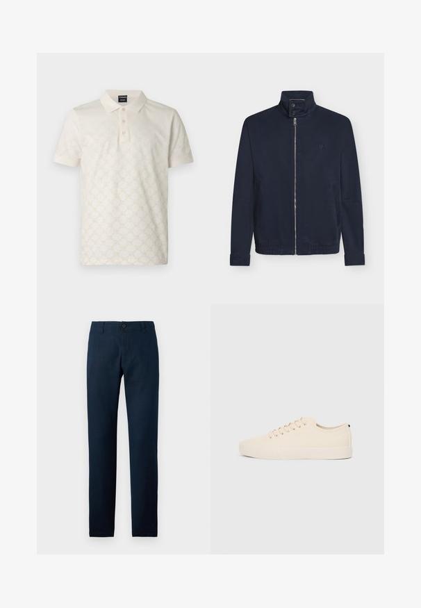Veste bleu marine avec fermeture éclair devant, col montant à deux boutons, manches longues, poches latérales et petit logo sur la poitrine.; Polo crème avec un motif géométrique texturé, patte à trois boutons et tissu en coton doux. Manches courtes, col standard.; Pantalon droit bleu marine avec passants pour ceinture, fermeture à boutons et braguette zippée sur un fond clair uni.; Baskets en toile beige avec bout arrondi, semelle en caoutchouc plate et lacets à l'avant. Présente un design minimaliste et un accent noir contrastant au niveau du talon.
