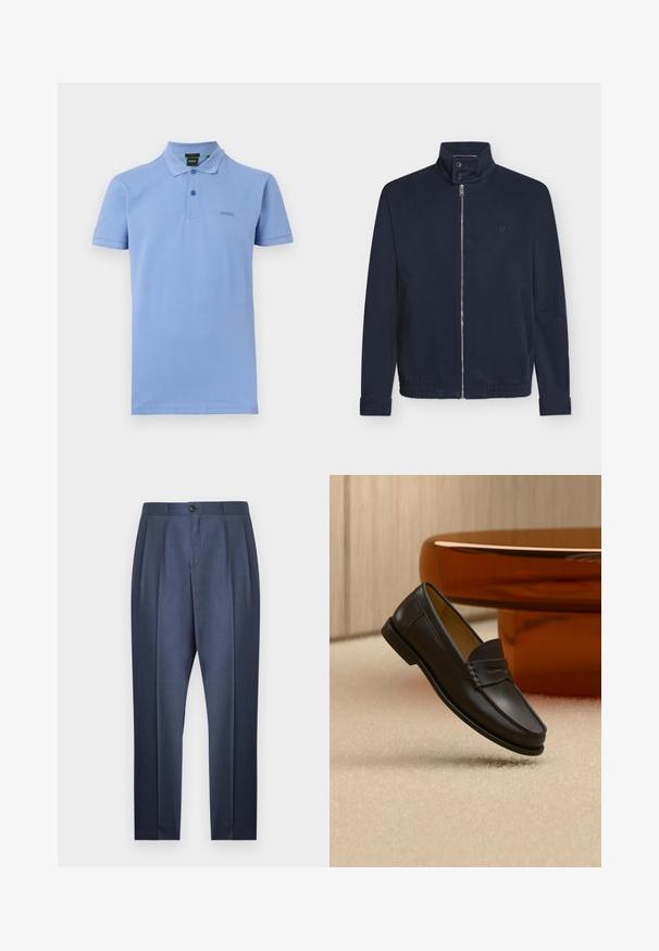 Veste bleu marine avec fermeture éclair devant, col montant à deux boutons, manches longues, poches latérales et petit logo sur la poitrine.; Polo bleu clair à manches courtes avec col et deux boutons, arborant un petit logo "BOSS" discret sur le côté gauche de la poitrine.; Pantalon de costume pour homme sur mesure bleu marine avec plis avant, taille boutonnée, et jambes fuselées étroites sur fond blanc.; Chaussure mocassin en cuir noir suspendue au-dessus d’un tapis beige avec du mobilier moderne couleur ambre en arrière-plan.