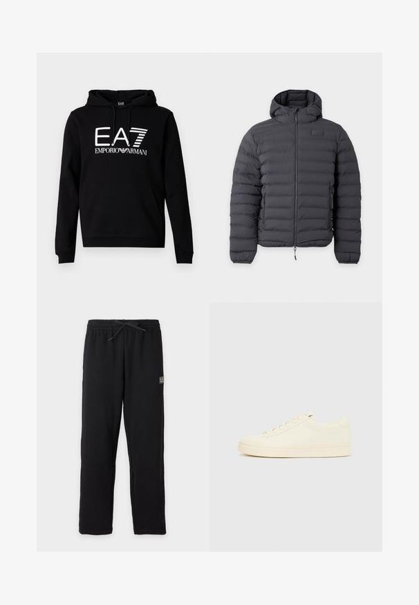 Doudoune noire à capuche avec fermeture éclair frontale et poches latérales zippées, avec un petit patch logo sur le côté gauche de la poitrine.; Sweat à capuche noir avec une poche kangourou à l'avant. Présente un texte blanc audacieux "EA7 EMPORIO ARMANI" sur la poitrine. Matière en mélange de coton.; Pantalon de survêtement noir avec taille élastique et cordon, avec un petit patch logo EA7 rectangulaire sur la partie supérieure de la cuisse gauche.; Baskets couleur crème avec une tige en cuir lisse, bout arrondi, laçage à l'avant et semelle en caoutchouc texturée. Design minimaliste, sans logo.