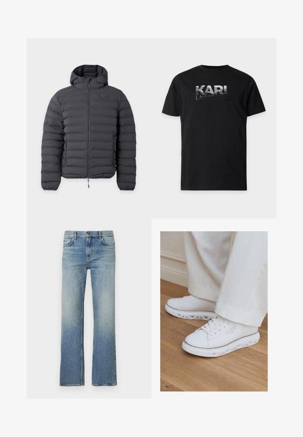 Sort hætte-dunjakke med frontlynlås og lynlåslommer i siderne, med en lille logo-plakette på venstre bryst.; Sort T-shirt med korte ærmer med sølv- og sort "KARL LAGERFELD"-logo trykt på brystet.; Lyseblå cowboybukser med lige ben, med en falmet finish, klassisk femlommen-design og kontrastfarvet syning.; Hvide lave sneakers med unikke udskårne såler båret med lystfarvede bukser på et trægulv.