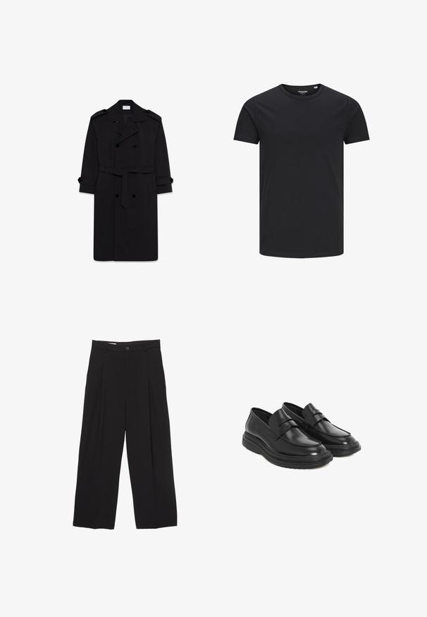 Schwarzer doppelt geknöpfter Trenchcoat mit Schulterklappen, Taillengürtel und geknöpften Manschetten, flach auf weißem Hintergrund präsentiert.; Schwarzes Baumwoll-T-Shirt mit Rundhalsausschnitt, kurzen Ärmeln und schlichtem Design. Glatte Textur, keine Muster oder sichtbare Beschläge.; Schwarze weit geschnittene Hose aus glattem Stoff, mit flachem Taillenbund, vorderen Falten und einer einzigen Knopfverschlus.; Schwarze Lederloafer mit runder Spitze, gesteppten Details und einer Plattform aus Gummi. Verfügt über einen dekorativen Riemen über dem Vorderblatt.