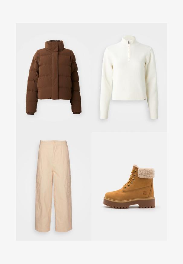 Brun cropped pufferjakke med høj krave, quiltede sektioner, trykknaplukninger og ribbede manchetter for ekstra varme.; Hvid, sweater med lynlås ved halsen og lange ærmer. Lavet af et blødt strikmateriale, med ribbede manchetter og kant. Diskret mærke-logo ved kanten.; Beige cargo bukser med en afslappet pasform, der har to sidelommer og en simpel knaplukning foran, lavet af glat, letvægtsstof.; Tan ruskindsstøvle med en kunstig pelskrave, gyldne øjer og en kontrasterende gummisål. Har et logo på siden og struktureret sål.