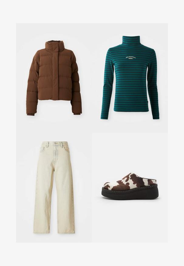 Brun cropped pufferjakke med høj krave, quiltede sektioner, trykknaplukninger og ribbede manchetter for ekstra varme.; Langærmet turtleneck top i teal med mørkeblå vandrette striber. Har et lille hvidt og guld logo på brystet. Blødt, strækbart stof.; Løse denimjeans i en lys beige nuance med forlommer, høj talje og subtile syninger. Fremstillet af struktureret denimstof.; Brune og hvide ko-print platform-træsko med en blød overdel, rund tå og en holdbar sort gummisål. Sømløs detaljering ved bunden.