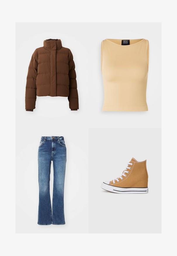 Bruine cropped pufferjack met een hoge kraag, afgewerkte stukken, drukknoopsluitingen en geribbelde manchetten voor extra warmte.; Beige, geribbelde mouwloze crop top met een ronde halslijn en een getailleerd silhouet. Het materiaal lijkt glad en rekbaar. Het label is zichtbaar bij de halslijn.; Hoge taille flared jeans in middelblauw denim. Vijf-pocket ontwerp met een knoopsluiting aan de voorkant. Kenmerkt een vervaagde wassing en contrasterende stiksels.; Hoge sneakers in tan canvas met witte veters, een rubberen teendoek en een zwart gestreepte zool. Geweven afwerking met stiksels.