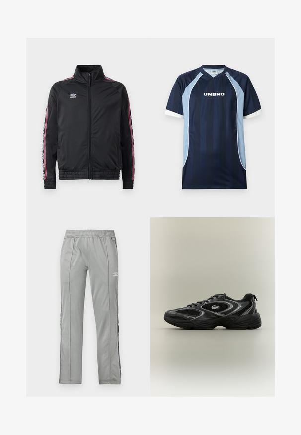 Veste de sport noire avec un col montant, fermeture zippée à l'avant et bandes décoratives en rouge et blanc contrastées sur les manches. Poignets et ourlet élastiques.; Maillot de sport bleu marine avec des panneaux latéraux bleu clair, des bordures blanches sur les manches et le logo "UMBRO" centré sur la poitrine.; Pantalons de sport Umbro gris clair avec taille élastique et bandes latérales noir et blanc, présentés sur un fond blanc.; Baskets de sport noires et grises avec des panneaux en mesh, un design à lacets, une semelle épaisse et un petit logo de crocodile sur le côté.