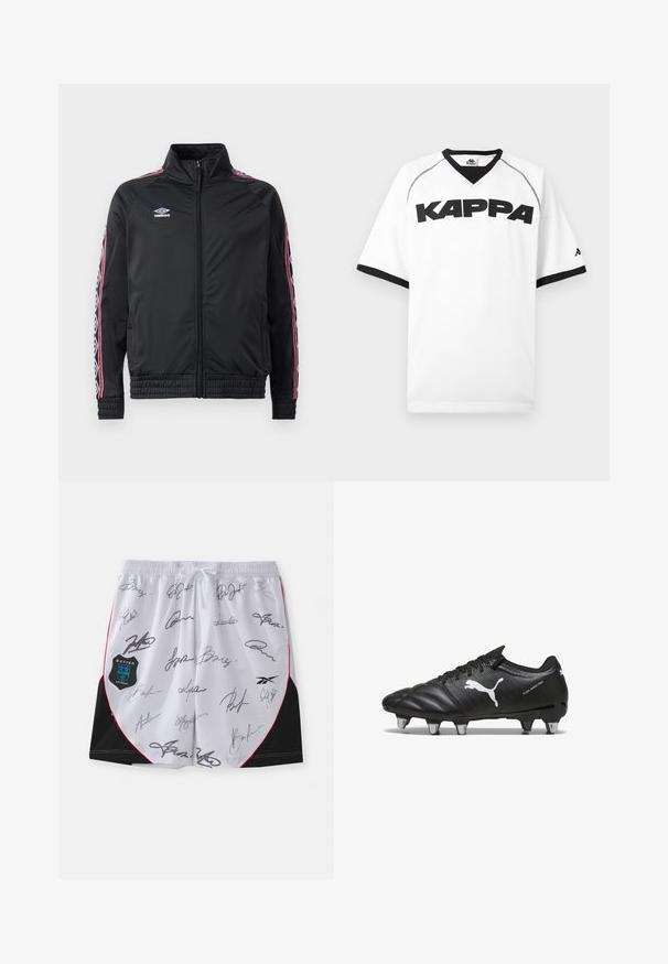 Chaqueta deportiva negra con un cuello alto, cierre de cremallera en el frente y franjas de patrón contrastante en rojo y blanco en las mangas. Puños y dobladillo elásticos.; Camiseta deportiva blanca de manga corta con borde negro, texto negro "KAPPA" en el pecho y pequeño logo en la manga izquierda.; Pantalones cortos blancos con acentos negros y ribete rojo, con múltiples firmas en negro. Incluye un logo de Botter Antwerp en el lado izquierdo.; Botas de fútbol negras con material texturizado, logo blanco de Puma, sistema de cierre con cordones y tacos de metal para mejorar la tracción. El diseño enfatiza el rendimiento y el soporte.