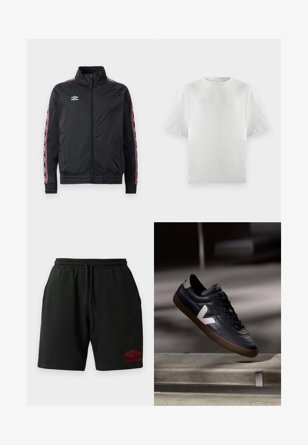 Sort atletisk jakke med høj krave, lynlås foran og kontrasterende røde og hvide mønstrede striber på ærmerne. Elastiske manchetter og kant.; Hvid bomulds t-shirt med korte ærmer, rund hals og diskret logo trykt i lys grå på brystet; glat tekstur og afslappet pasform.; Sorte shorts med snøre og sidelommer, samt rød Umbro-logo broderet på det nederste venstre ben.; Sort lædersneaker med hvid V-logo, snørebånd foran, perforerede detaljer og brunt gummisål; slankt design med minimale accenter.