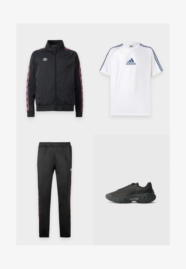Mustmust riiet musta värvi jooksujakk kõrge kaelusega, lukuga ees, millel on kontrastsed punased ja valged mustrilised triibud varrukatel. Elastsed mansetid ja põhjaosa.; Valge Adidas T-särk siniste detailidega, lühikeste varrukatega ja ümmarguse kaelusega. Esiküljel sinine Adidas logo ja õlgadel kolm triipu.; Mustad mustadest spordipükstest, mis on valmistatud siledast kangast, punaste külgtriipudega, elastse vöökohtadega ja logoga ülemisel paremal jalal.; Must kärgepäeva jalanõud, millel on võrgu- ja sünteetilisest materjalist ülemine osa, stiilne disain, paks kõver tall ja tekstuuriga aktsendid külgedel ja varvaste osas.