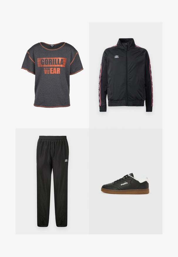 Zwarte sportieve jas met hoge kraag, rits aan de voorkant, en contrasterende rode en witte gestreepte patronen op de mouwen. Elastische boorden en zoom.; Grijze T-shirt met korte mouwen met opvallende oranje tekst "GORILLA WEAR". Versleten zoom en oranje stiksel. Comfortabele pasvorm.; Zwarte Umbro trainingsbroek met elastische tailleband, zijzakken, toelopende pijpen en logo op de rechterdij tegen een witte achtergrond.; Zwarte leren sneaker met witte hielkap, gumzool, zwarte veters en zilveren Diadora-logo op de zijkant en zool.