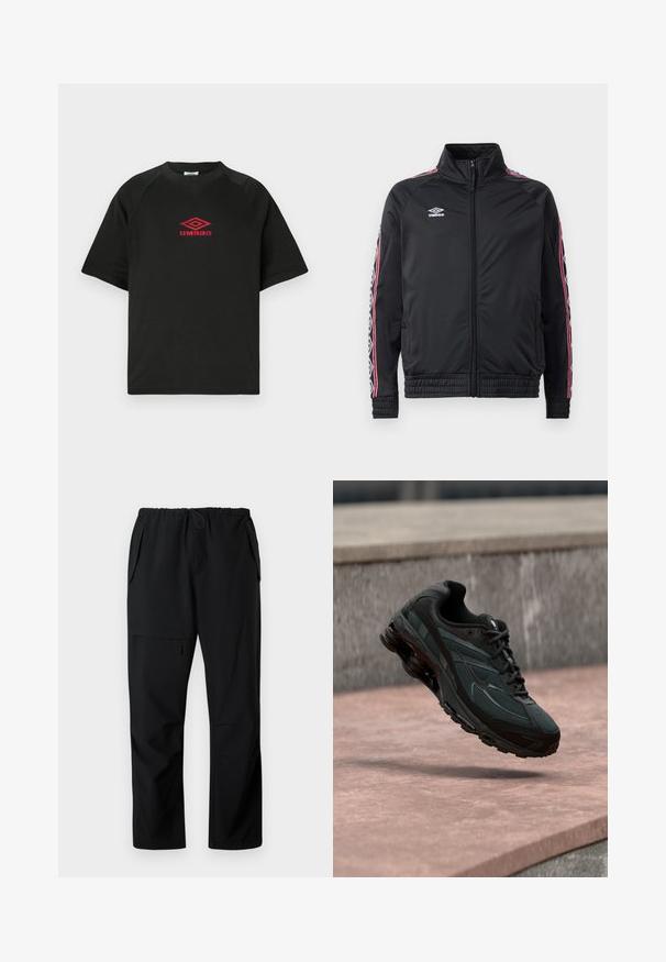 Sort atletisk jakke med høj krave, lynlås foran og kontrasterende røde og hvide mønstrede striber på ærmerne. Elastiske manchetter og kant.; Sort kortærmet crewneck skjorte med rødt Umbro logo centreret på brystet mod en ensfarvet hvid baggrund.; Sorte afslappede bukser med elastisk talje, to sidelommer og en lynlåslomme på låret, vist fladt på hvid baggrund.; Sort atletisk sneaker med synligt luftdæmpende mellemsål, der svæver over en pink stenoverflade med en grå stenvæg i baggrunden.