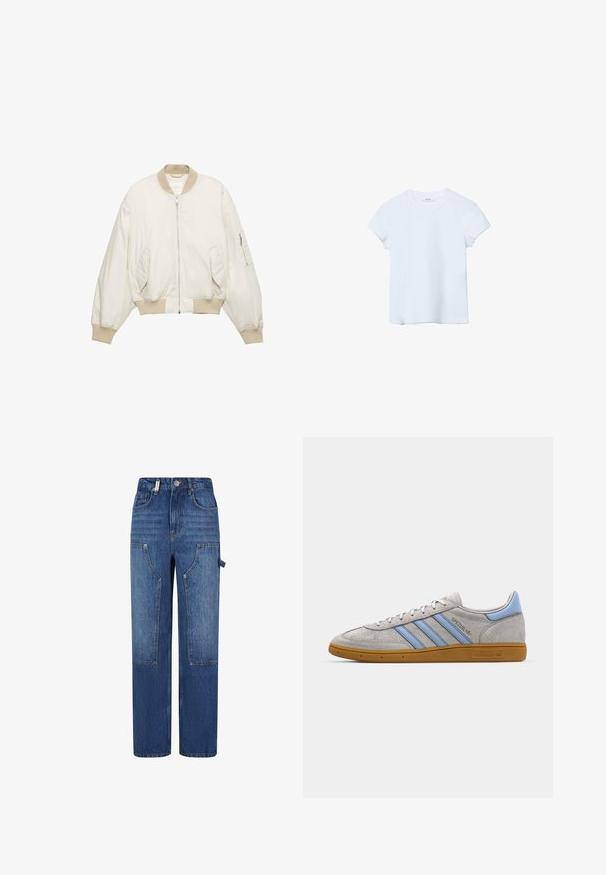 Gebroken witte bomberjack met beige geribbelde kraag, manchetten en tailleband, rits aan de voorkant, twee schuine voorzakken en een zak met rits op de linkermouw.; Effen lichtblauw T-shirt met korte mouwen en een ronde hals, plat gelegd op een witte achtergrond.; Spijkerbroek met een licht naar donkerblauwe gradient, rechte pijpen, meerdere zakken en een contrasterend paneelontwerp. Metaal hardware-accenten.; Grijze suède sneaker met lichtblauwe strepen, rubberen gumzool en logo-accenten. Laag model met ronde neus en vetersluiting.