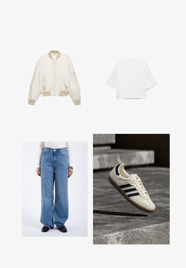 Off-white Bomberjacke mit beigen, gerippten Kragen, Bündchen und Bund, Reißverschluss vorne, zwei schrägen Fronttaschen und einer Reißverschlusstasche am linken Ärmel.; Weißes, kurzärmeliges, kastiges T-Shirt aus weicher Baumwolle. Es verfügt über einen Rundhalsausschnitt und breite Ärmel mit einem klaren, schlichten Design.; Person trägt hoch taillierte, weit geschnittene blaue Jeans, schwarze Loafers, weißes langärmeliges Oberteil und ein Kettenarmband, steht vor einem schlichten weißen Hintergrund.; Weißer Adidas Samba Sneaker mit schwarzen Streifen und Gummisohle, schwebend über strukturierten grauen Betontreppen.