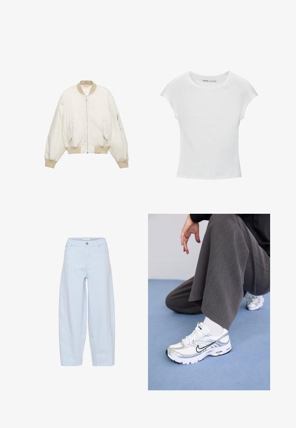 Off-white bomberjakke med beige ribkantet krave, manchetter og linning, lynlås foran, to skrå forlommer og lynlåslomme på venstre ærme.; Hvid bomuld t-shirt med korte, opsmøgede ærmer, rund halsudskæring og lige kant. Glat tekstur uden synlige mønstre eller detaljer.; Lysblå bredbenede jeans lavet af denim, med et klassisk femlomme-design, knaplukning og pæne stikninger.; Hvide og sølv atletik sko med meshej og syntetiske materialer, der har sorte accentlinjer, snørebånd og strukturerede såler.