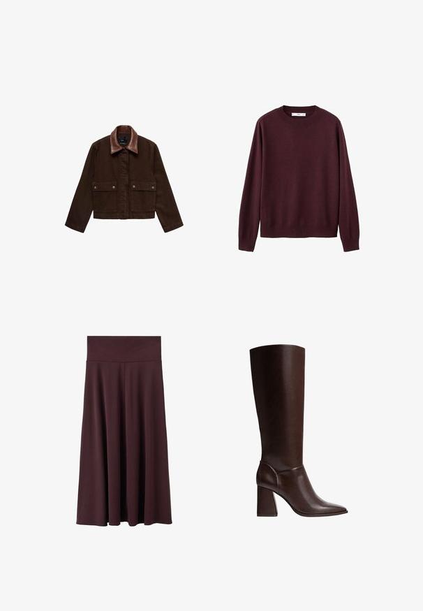 Brun denimjakke med krave i brunt læder, frontlommer og trykknaplukninger. Kort, tætsiddende design med minimal detaljer.; Vinrød strikket sweater med rund hals, lange ærmer samt ribstrikkede ærmeafslutninger og kant. Glat tekstur, minimalistisk design, uden mønstre eller udsmykninger.; Bordeauxrød midi-nederdel lavet af blødt stof med en bred, elastisk talje. Har et flydende design, der let smalner mod kanten.; Brune læderknæhøje støvler med spidse tæer og blokhæle, der har en glat overflade og et strømlinet design. Udsmykket syning ved anklen.