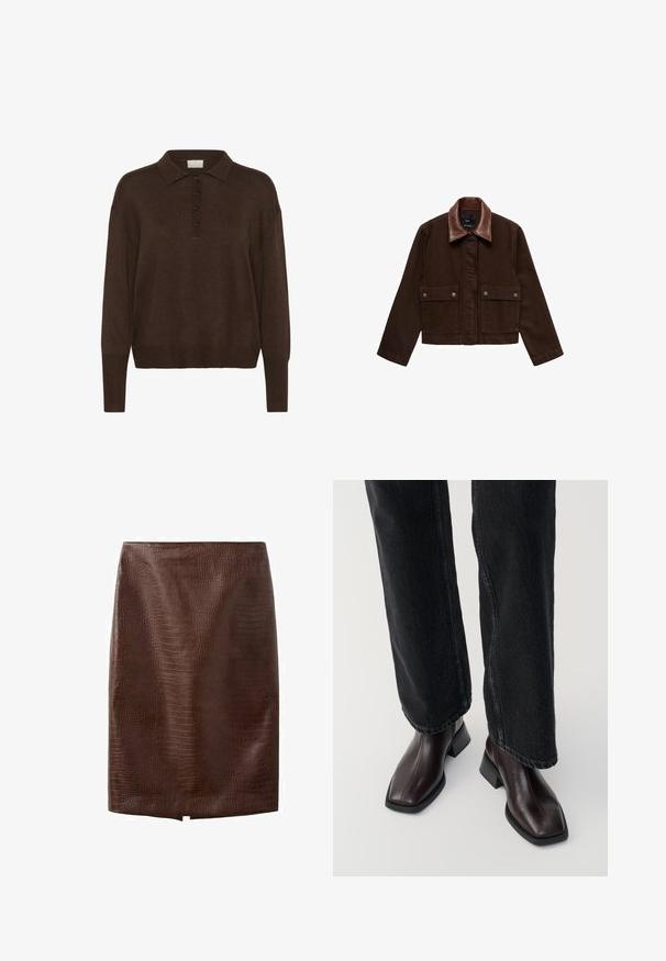 Veste en denim marron avec un col en cuir marron, des poches avant et des fermetures à boutons-pression. Design court et ajusté avec un minimum de détails.; Pull en maille marron avec un col polo, présentant une patte de boutonnage et des poignets et un ourlet côtelés. Texture douce et coupe décontractée.; Jupe crayon en cuir synthétique marron foncé façon crocodile avec une petite fente avant à l'ourlet, longueur genou, sans fermetures apparentes ni ornements.; Bottines en cuir marron avec un orteil carré et un talon carré, associées à un jeans noir à jambes larges. Texture lisse et design minimaliste.