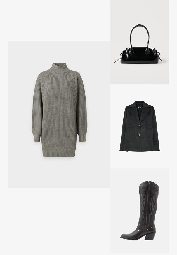 Donkergrijze blazer van een wolmix met een notch-kraag, twee voorzakken en drie decoratieve zilveren knopen aan de voorkant.; Overmaat grijze gebreide trui met een hoge kraag, geribbelde manchetten en een gestructureerde oppervlakte. Heeft verlaagde schouders en een ontspannen pasvorm.; Bruine leren cowboylaarzen met vlamstiksels, zijrits, zilveren studs, spits toelopende neus en gestapelde hak.; Kleine zwarte glanzende handtas met twee lange hengsels en zijkant trekkoord details op een effen lichte achtergrond.