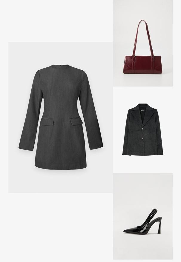 Dunkelgrauer Blazer aus Wollmischung mit Reverskragen, zwei vorderen Taschen und drei dekorativen silbernen Knöpfen auf der Vorderseite.; Graues, tailliertes Kleid mit langen Ärmeln, Rundhalsausschnitt und zwei vorderen Taschen. Hergestellt aus strukturiertem Stoff und zeichnet sich durch ein elegantes, strukturiertes Design aus.; Schwarze Lackleder Slingback-Pumps mit spitzem Zehenbereich, schlankem hohen Absatz und doppeltem elastischen Riemen für einen sicheren Sitz. Glatte, glänzende Oberfläche.; Burgunderfarbene Handtasche aus glänzendem Material, rechteckige Form, mit zwei Schulterriemen und subtilen, geschwungenen Akzenten an der Vorderseite.
