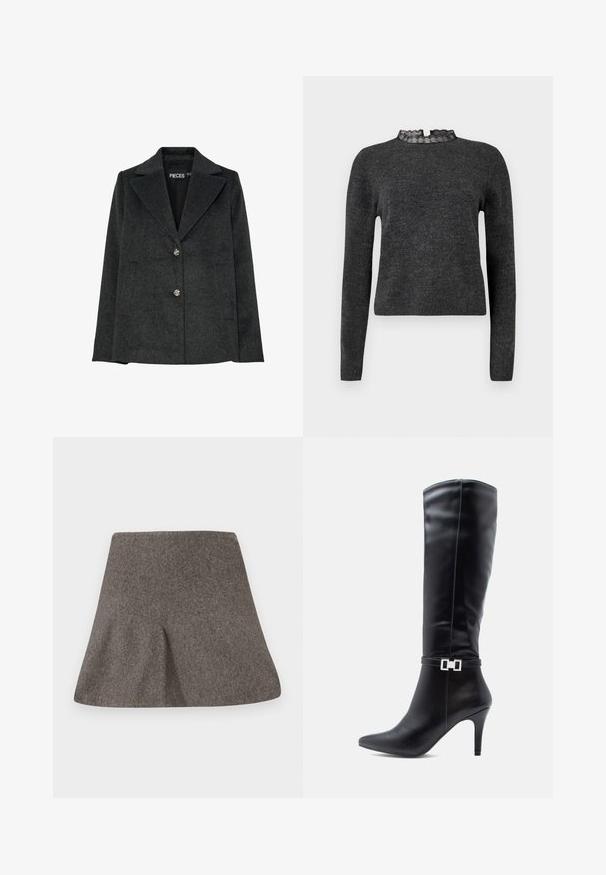Blazer en mélange de laine gris foncé avec un col cranté, deux poches avant et trois boutons décoratifs en argent sur le devant.; Pull gris foncé à manches longues, texture côtelée et décolleté avec dentelle. Le tissu semble doux et léger, idéal pour des superpositions.; Jupe A-line en laine grise avec une large ceinture et une légère texture, posée à plat sur un fond blanc.; Botte en cuir noir montante avec un bout pointu, un haut talon aiguille et un détail décoratif en boucle en argent autour de la cheville.