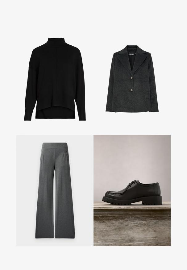 Mørkegrå, uldblandet blazer med slå-krave, to frontlommer og tre dekorative sølvknapper ned langs forsiden.; Sort strik cardigan med løs pasform, sænkede skuldre, ribbede manchetter og et høj-lav kantdesign. Blød tekstur, minimal detaljer.; Grå vide bukser med flad talje, folder foran og en glat tekstur, designet til komfort og bevægelsesfrihed.; Sort lædersko med snørebånd og tyk rillede såler, der svæver over en træbænk udendørs med grønne blade i baggrunden.