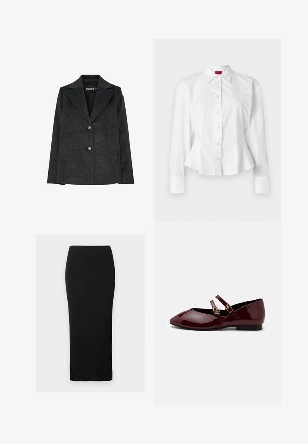 Donkergrijze blazer van een wolmix met een notch-kraag, twee voorzakken en drie decoratieve zilveren knopen aan de voorkant.; Witte peplum top met lange mouwen, klassieke kraag en sluiting met knopen aan de voorkant. Gemaakt van gladde katoen met een gestructureerd ontwerp.; Zwarte geribbelde gebreide kokerrok met hoge taille en midi-lengte, plat uitgestald op een witte achtergrond.; Anna Field Ballerina's met enkelbandjes - dark red