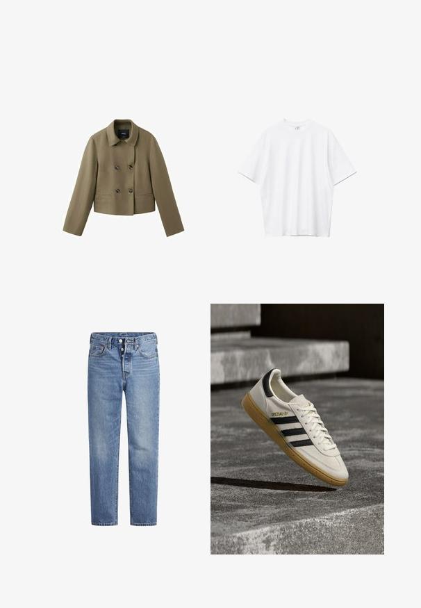 Olivengrøn kort dobbeltradet uldjakke med fire sorte knapper og klassisk krave.; Hvid ensfarvet T-shirt med korte ærmer og rund hals, med en afslappet og let oversized pasform, på en hvid baggrund.; Lyseblå denimjeans med lige pasform, fem-lomme-design og knaplukning. Har subtile falmede detaljer og orange søm.; Hvid Adidas Spezial sneaker med sorte striber og gummisål, svævende over grå stentrin udendørs.